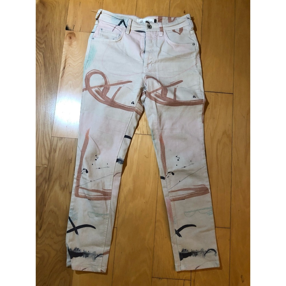 Anthropologie Moglea Hand Painted Abstract Straight Leg Jeans White Pink 26 - Picture 2 of 5